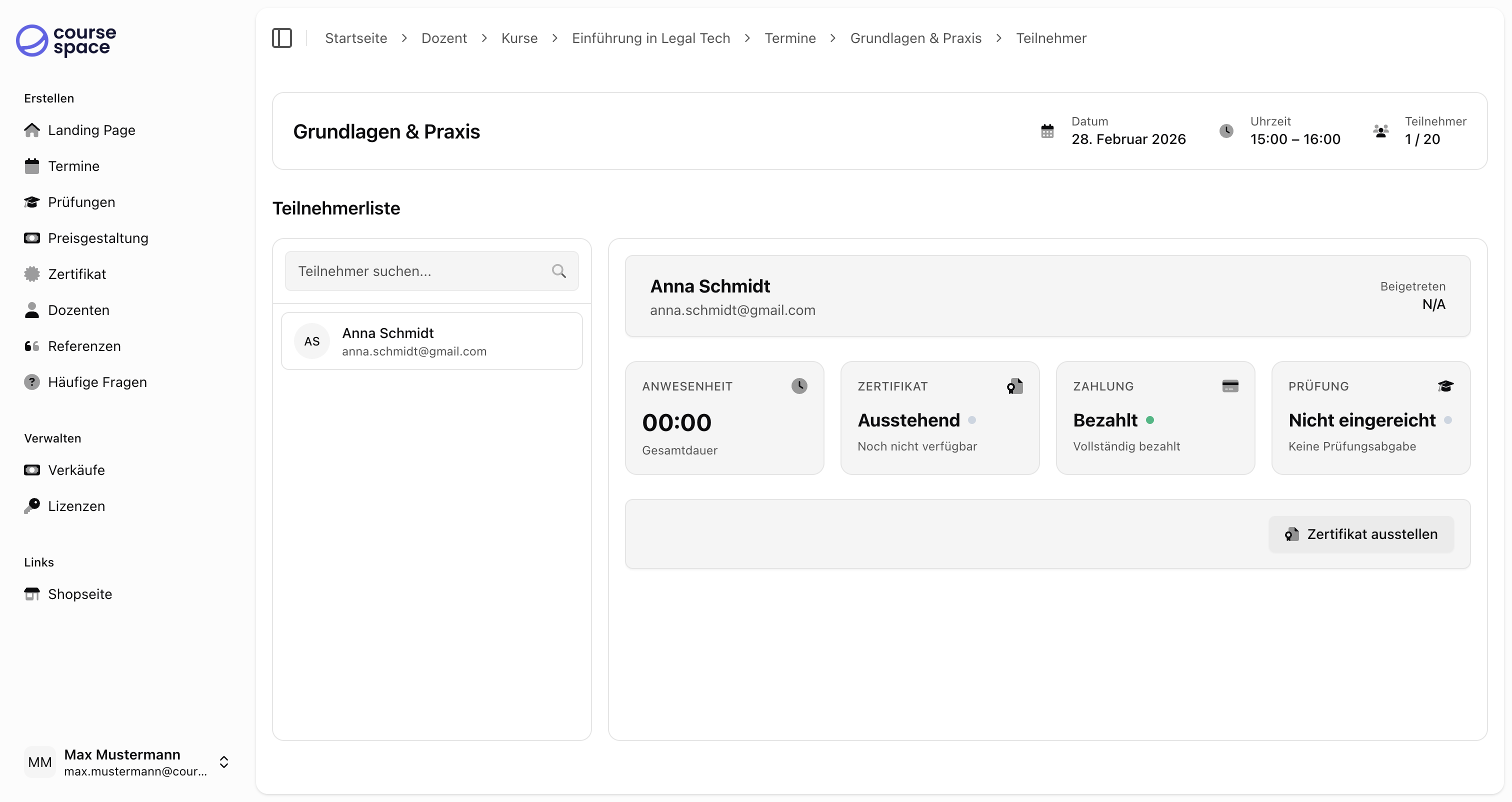 Teilnehmer nach Zahlungsfreigabe