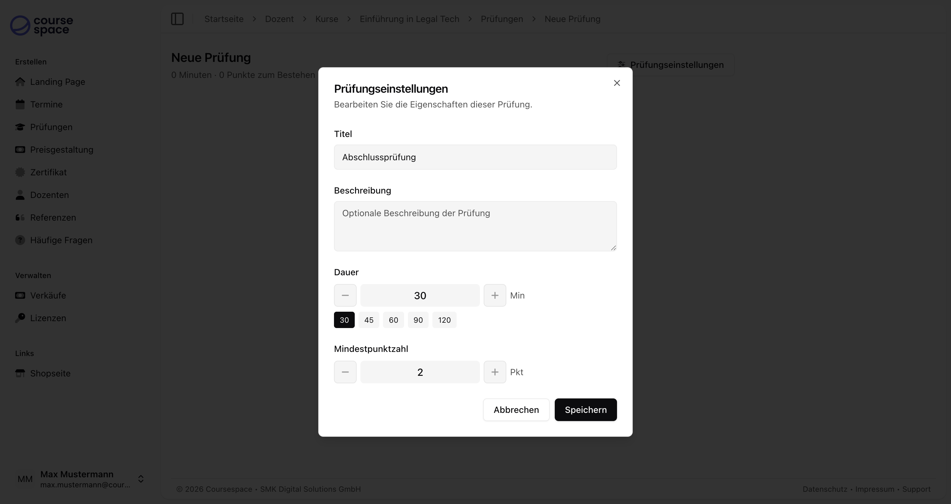 Prüfungseinstellungen Dialog