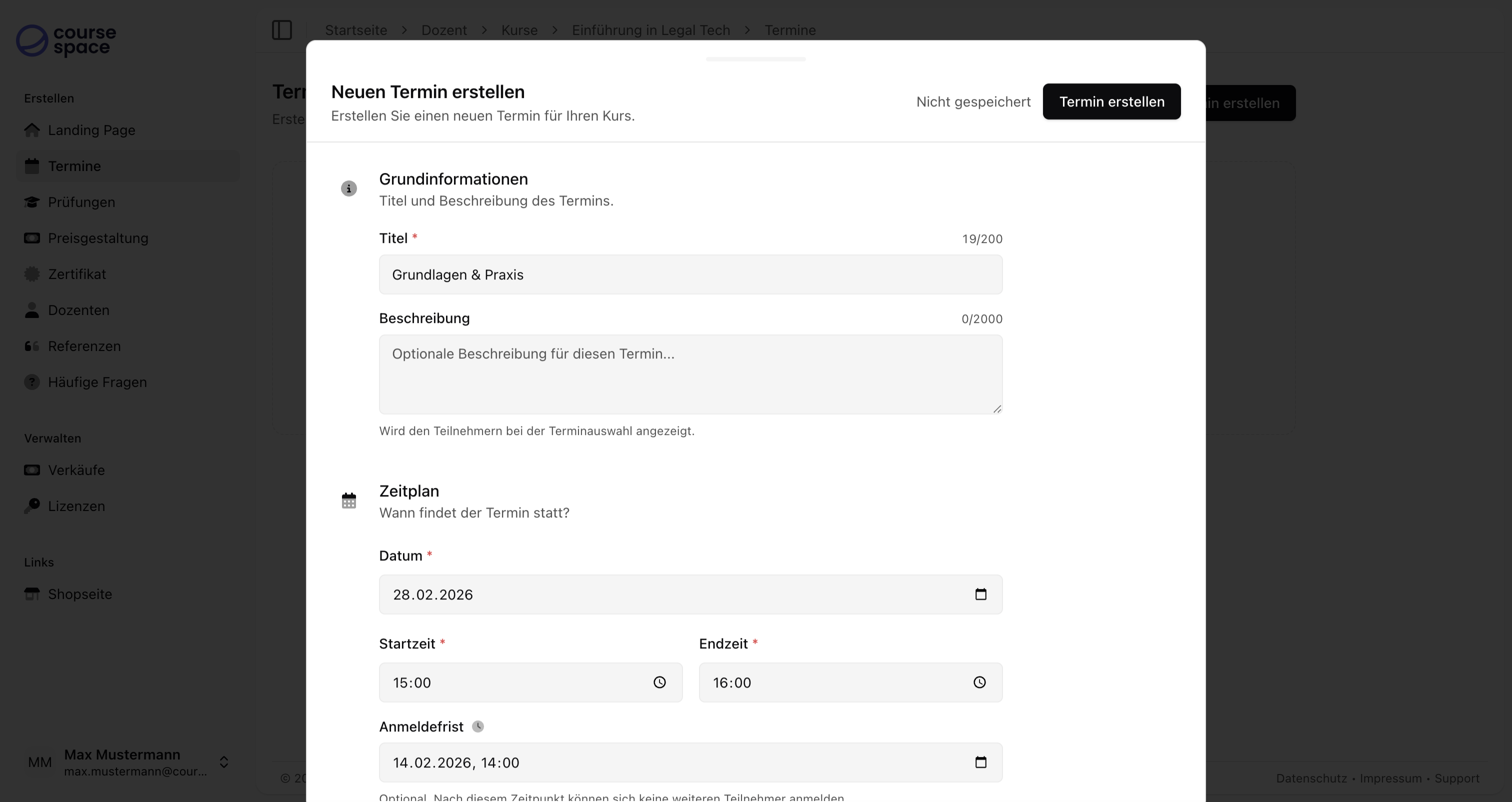 Neuen Termin erstellen - Grundinformationen