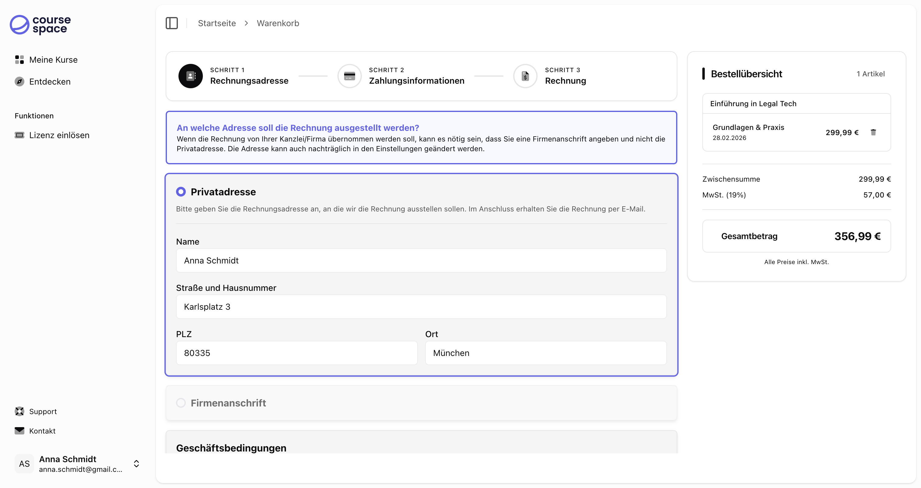 Privatadresse eingeben