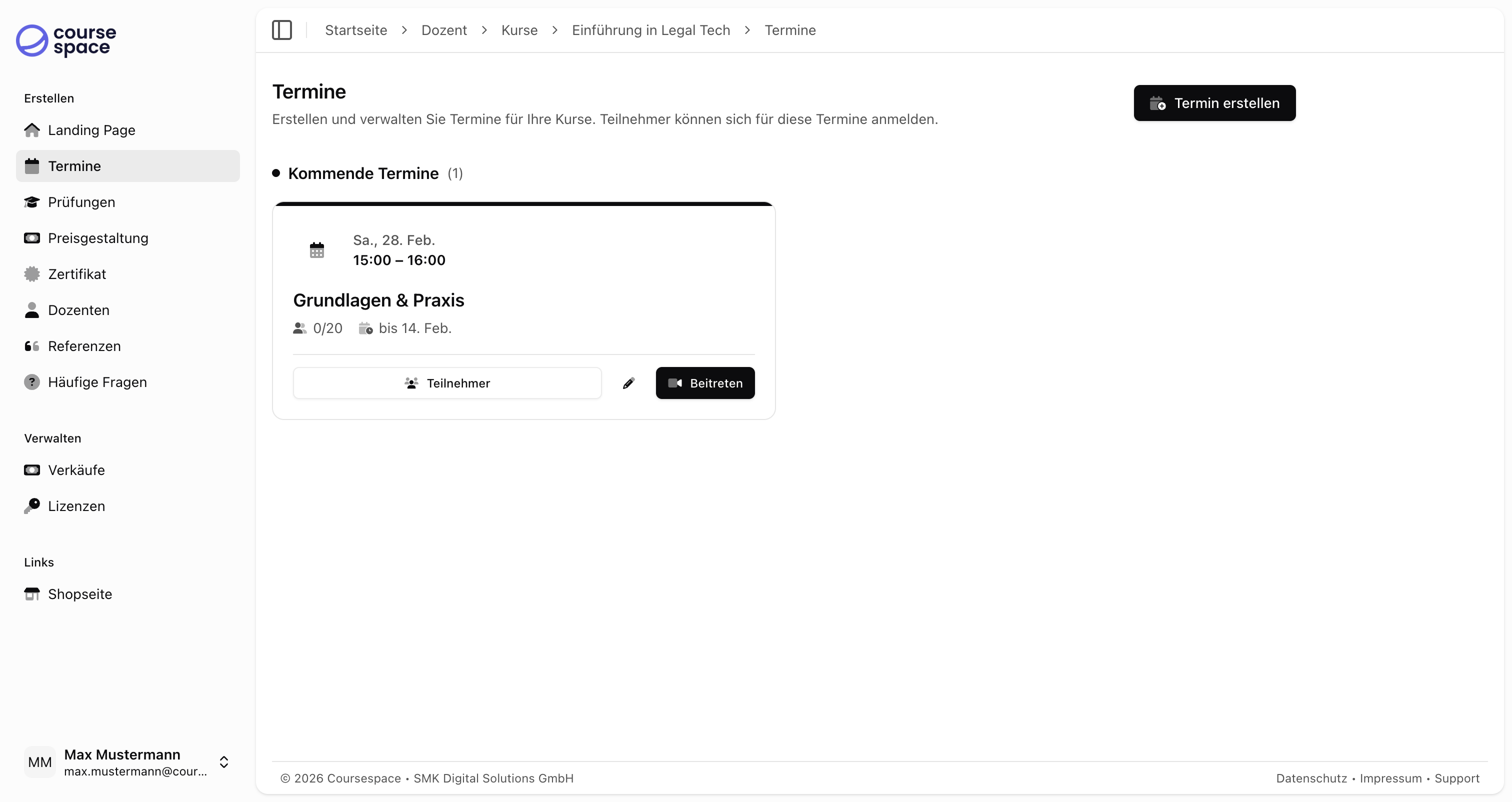 Termine-Übersicht mit erstelltem Termin