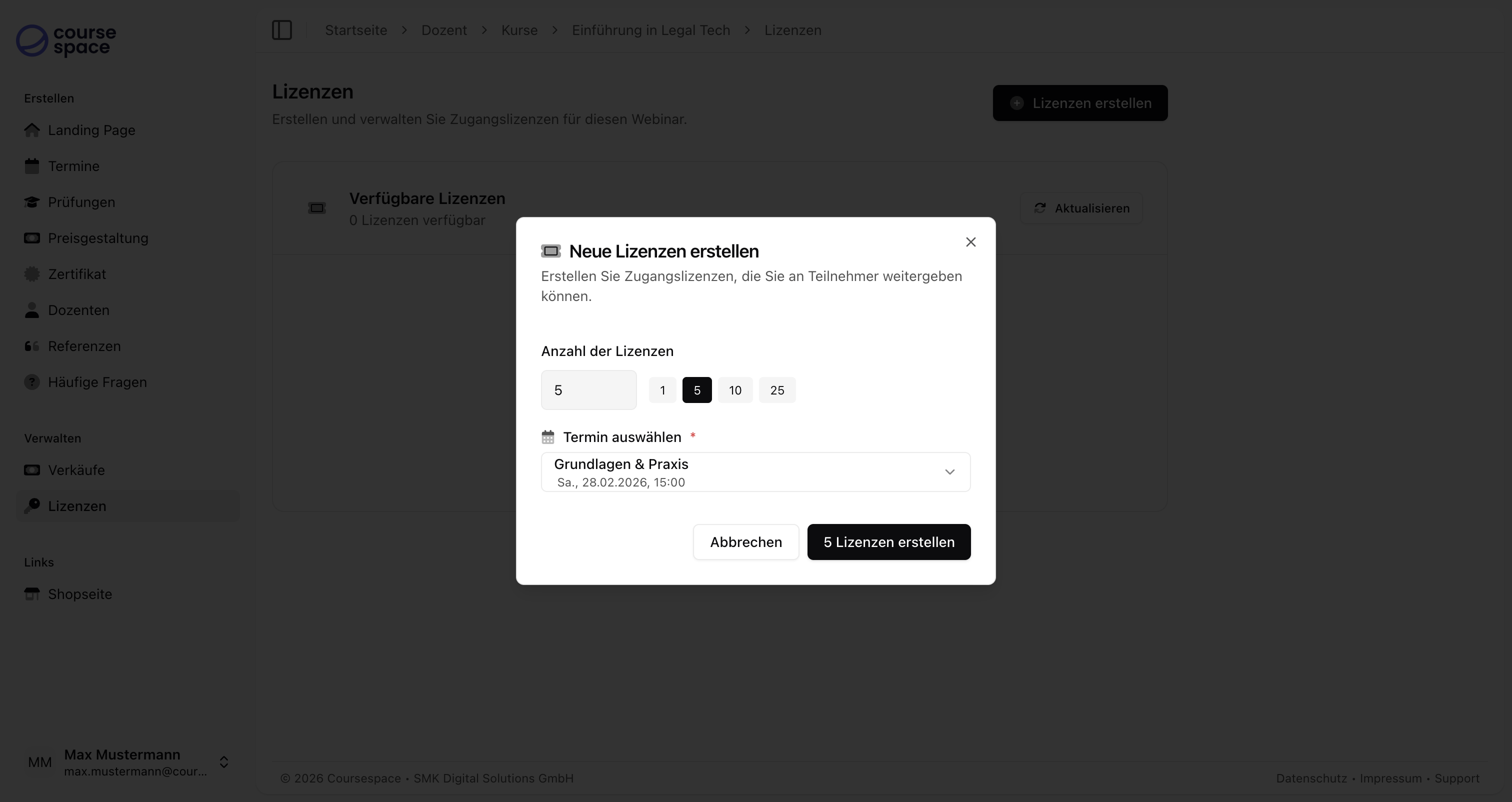 Dialog zum Erstellen von Lizenzen