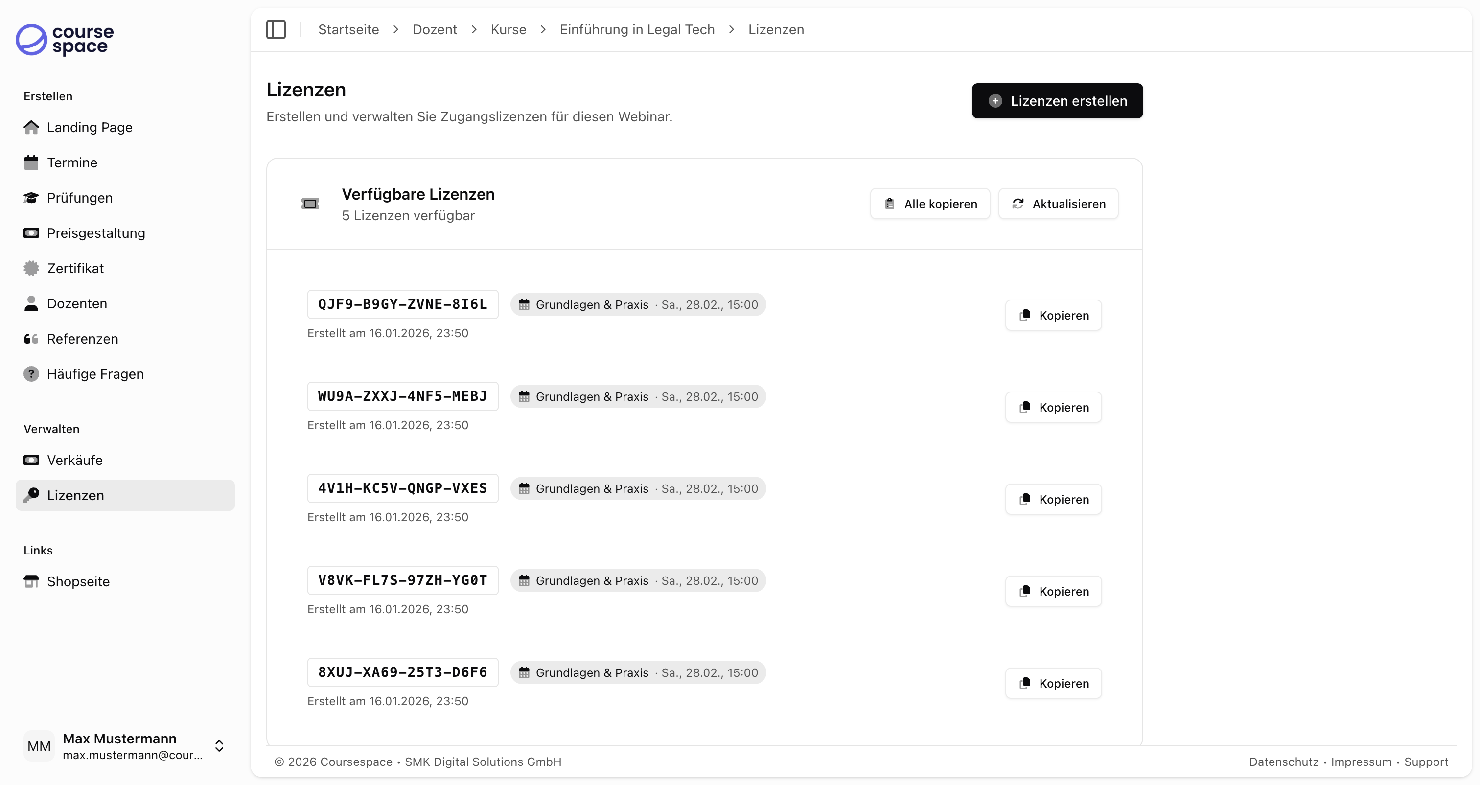 Übersicht der verfügbaren Lizenzen