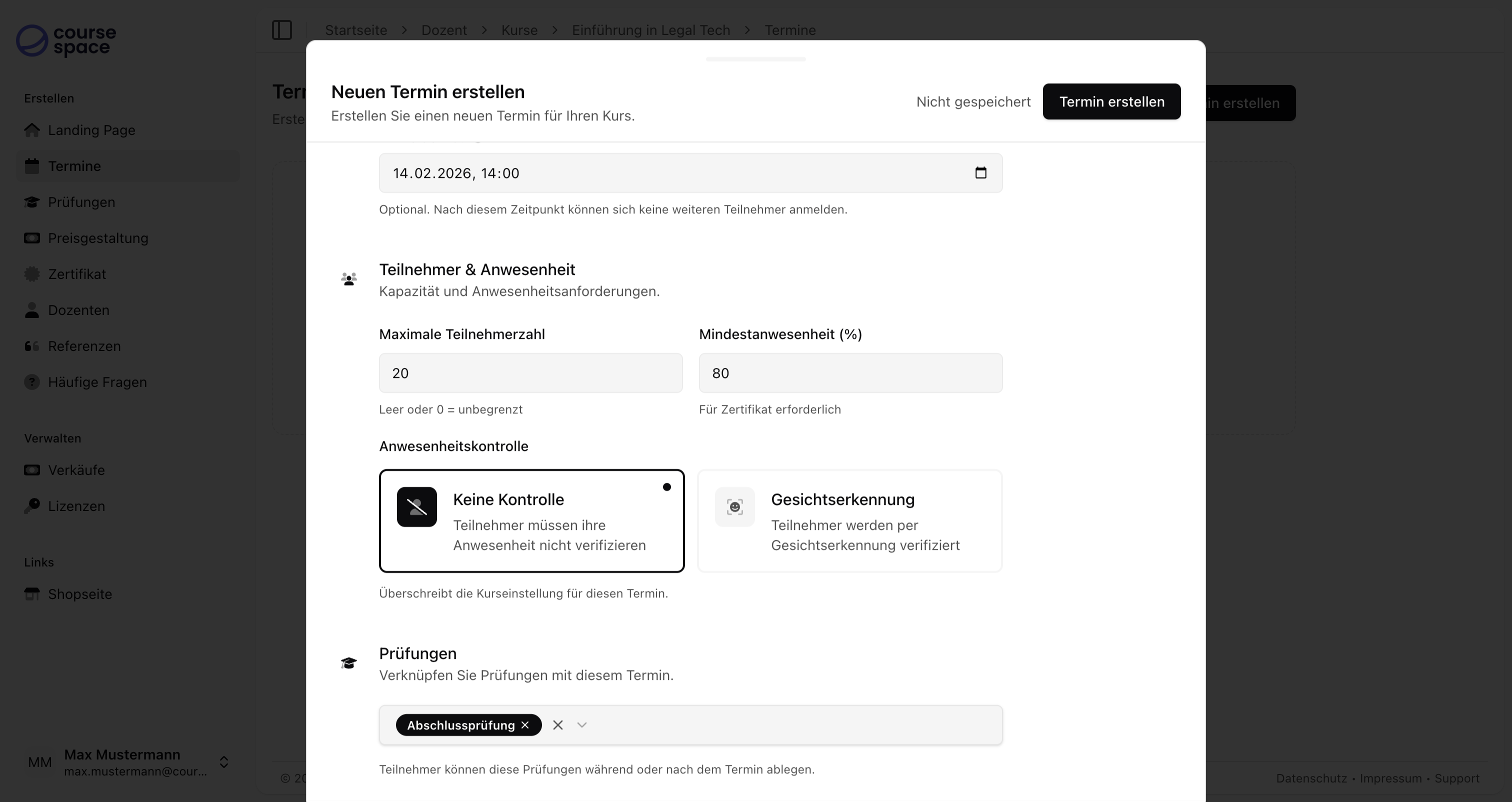 Neuen Termin erstellen - Teilnehmer und Anwesenheit