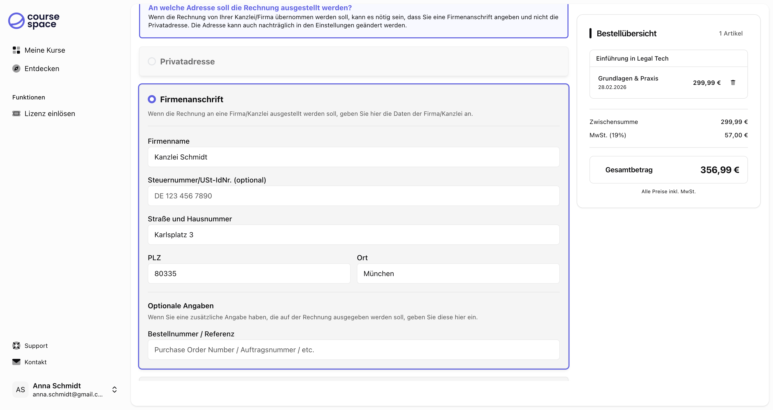 Firmenanschrift eingeben