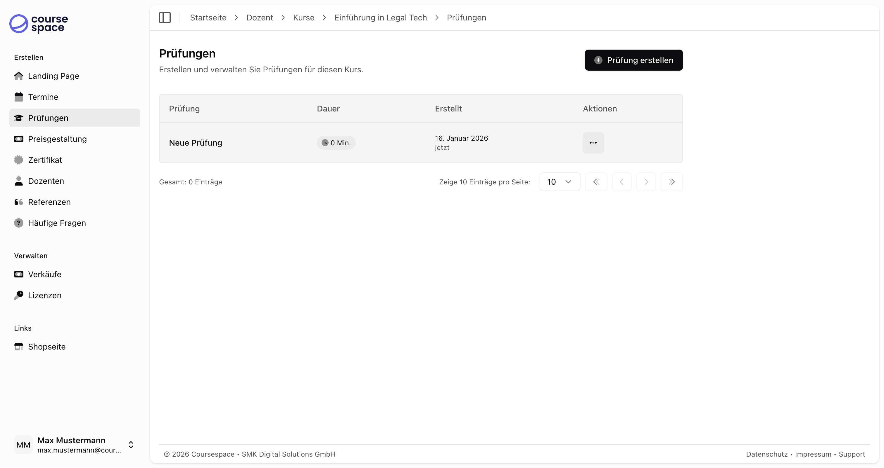 Prüfungsliste mit einer Prüfung