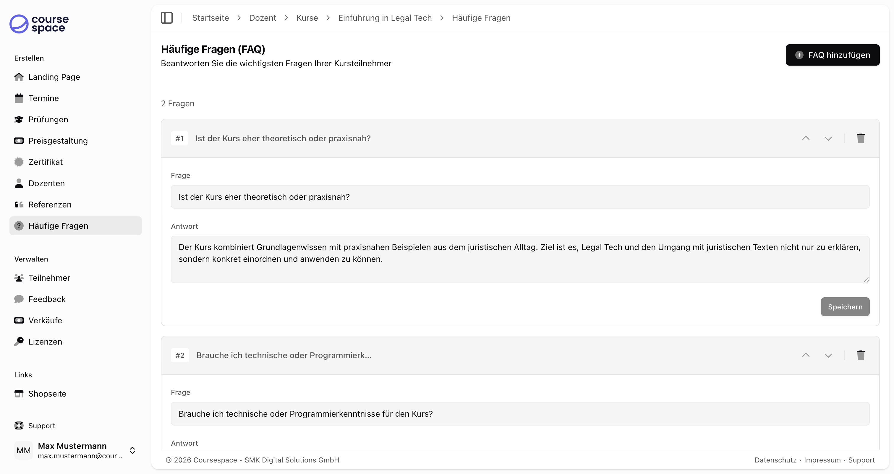FAQ Liste mit mehreren Einträgen