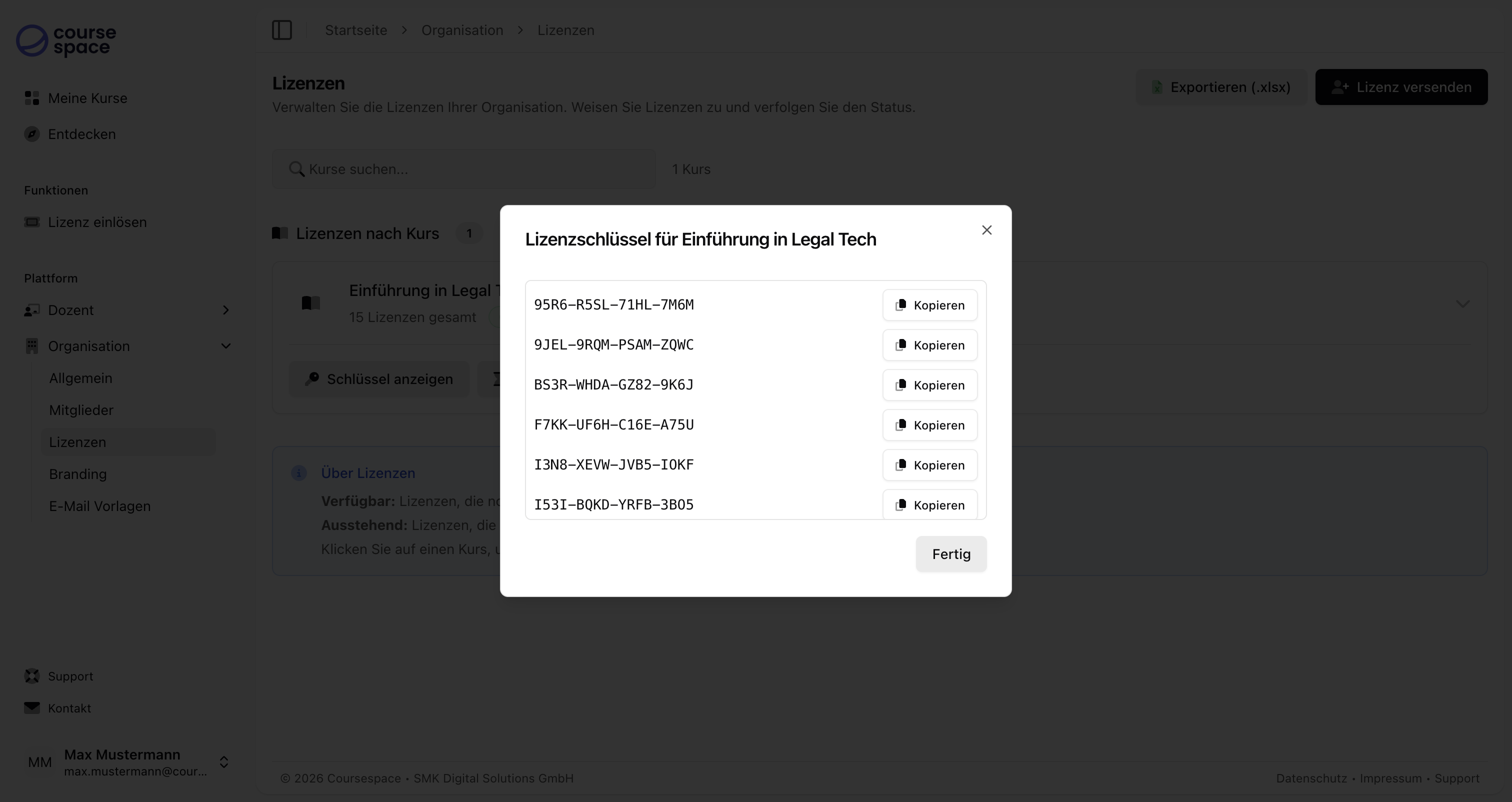 Lizenzschlüssel Dialog